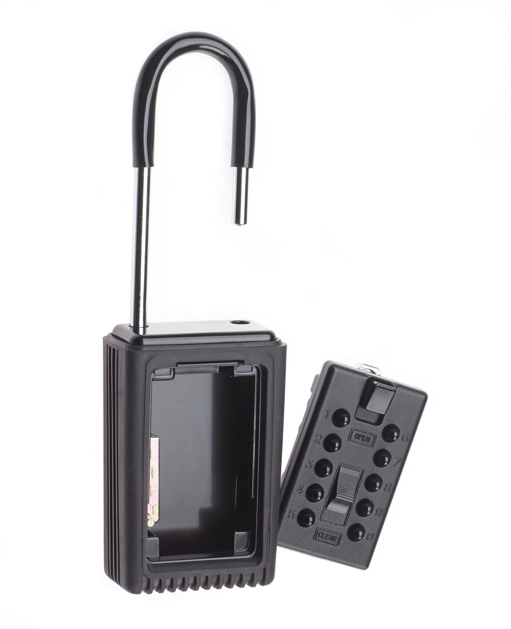 Open Supra portable key safe with unlocked shackle and detachable front