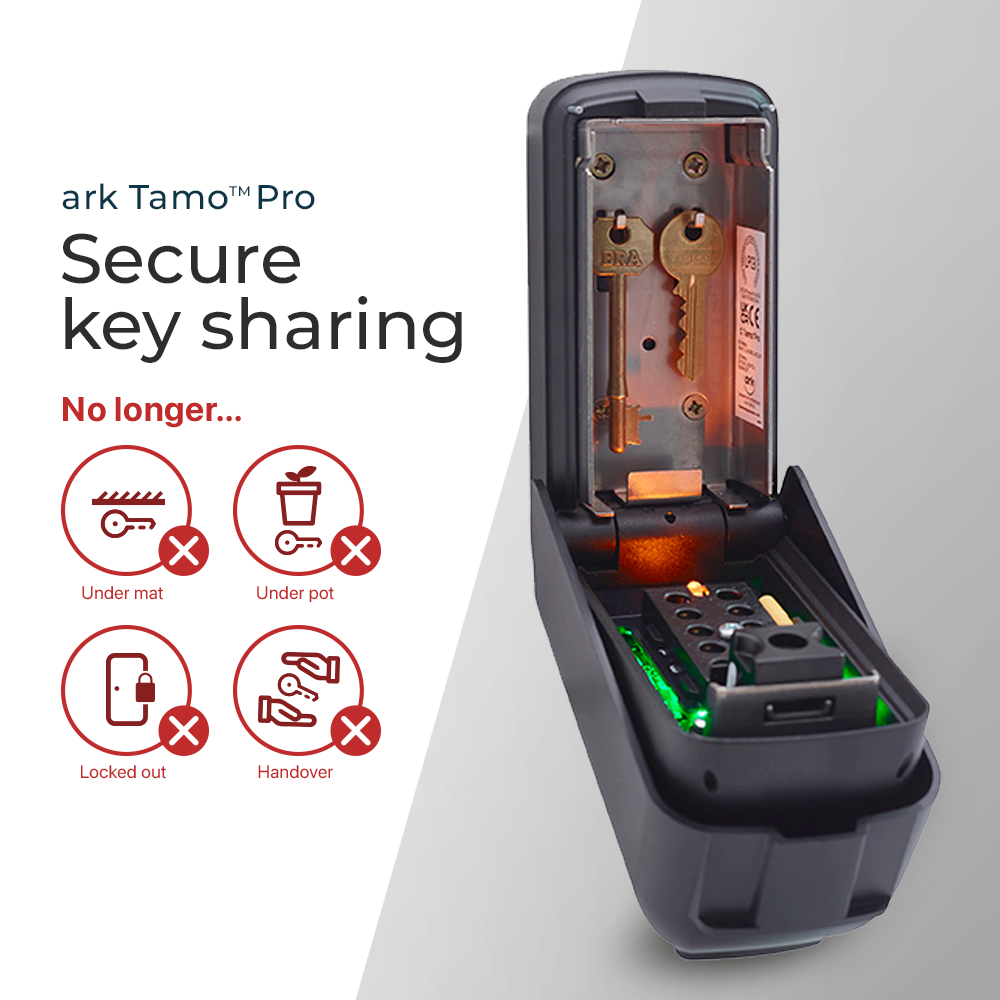 A graphic showing a Tamo Pro key safe and it's features