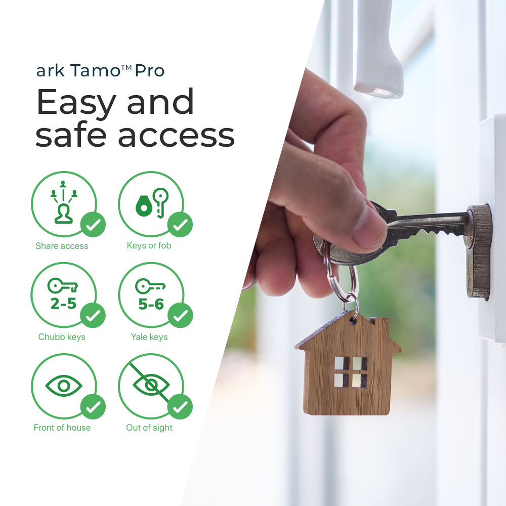 A graphic showing a key in the door with a list of features of the Tamo Pro key safe