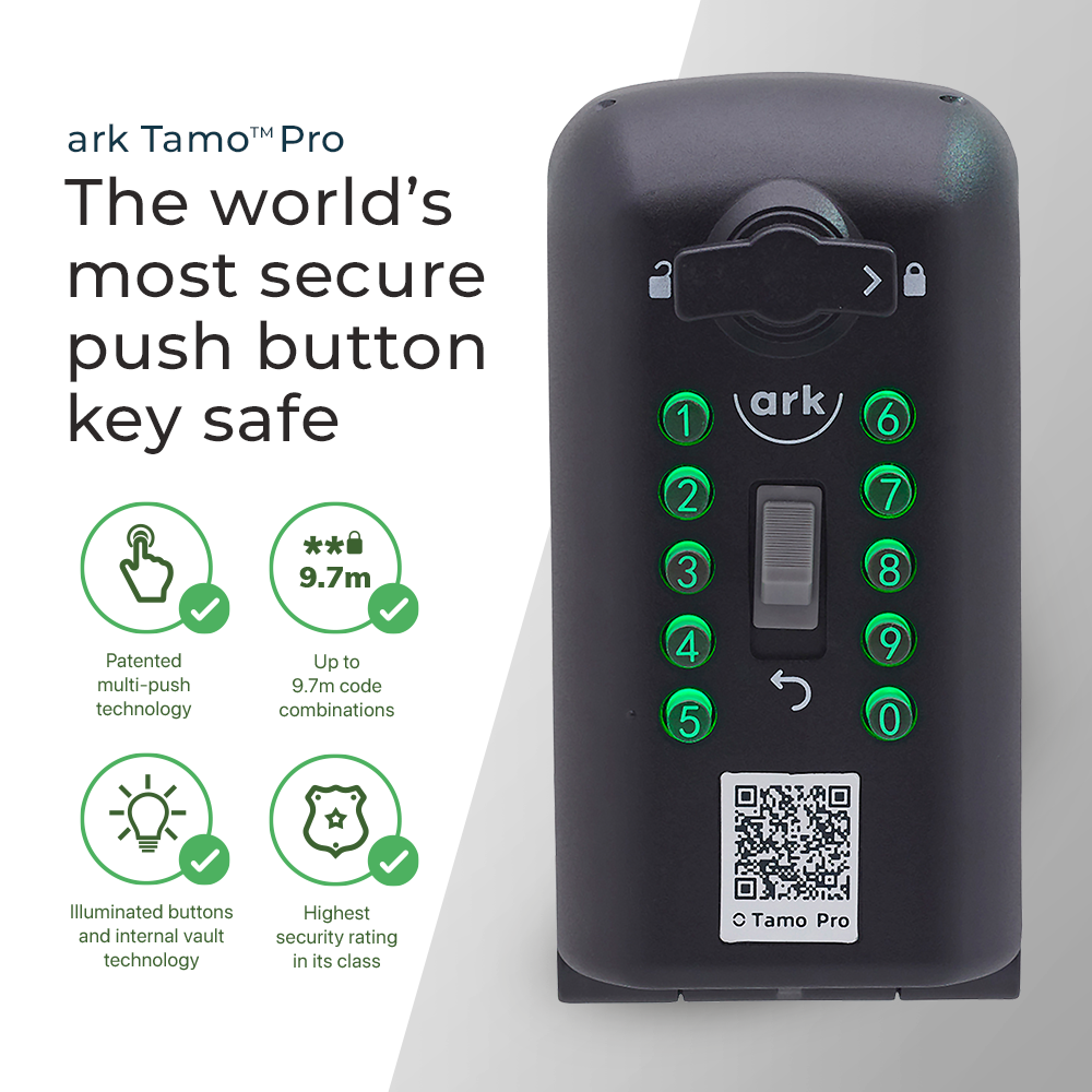 A graphic showing Tamo Pro key safe's features