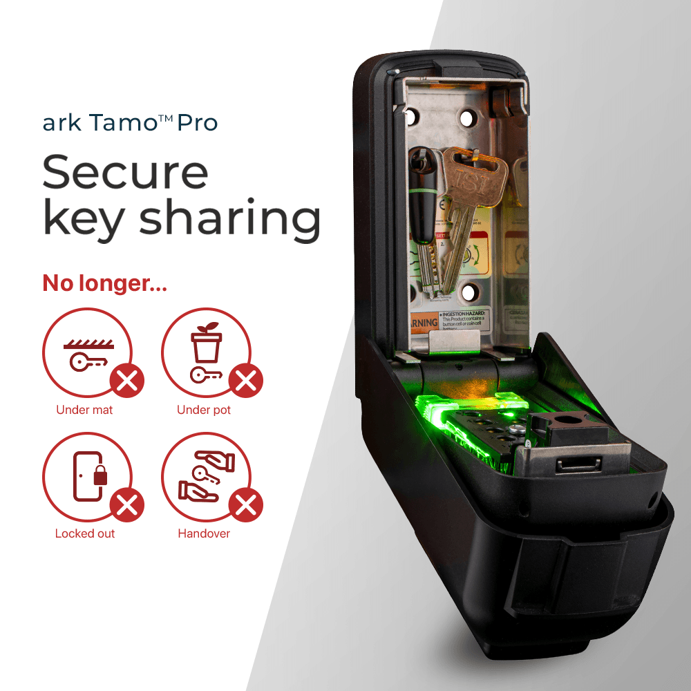 A graphic showing a Tamo Pro key safe and it's features