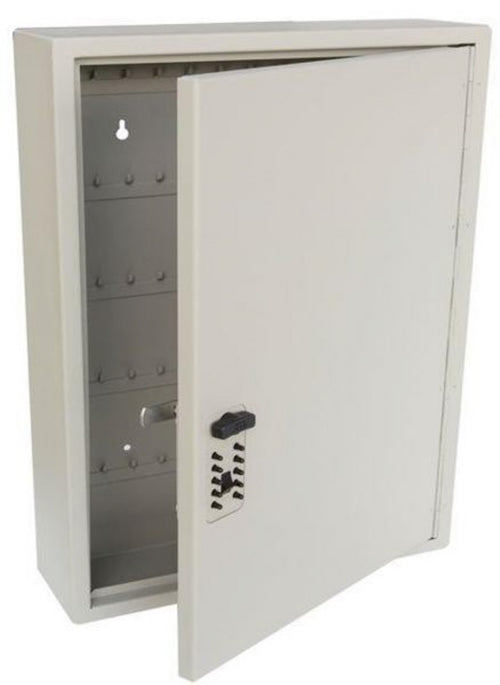 Open Kidde combination lock key cabinet showing key hooks for capacity of 120 keys