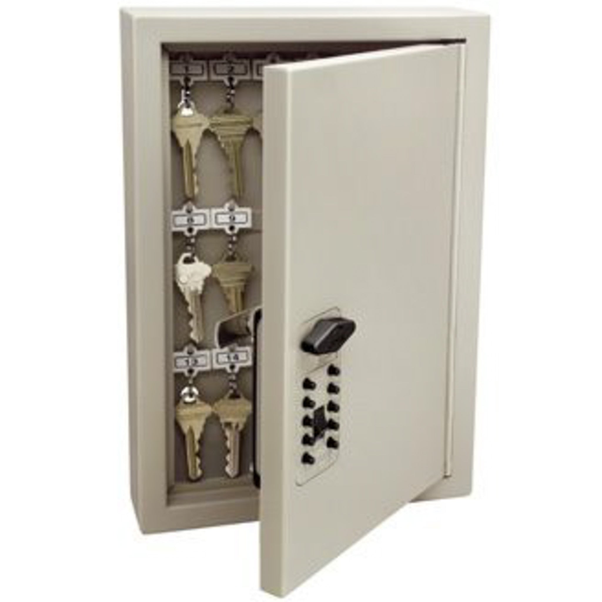 Open Kidde combination lock key cabinet showing key hooks for capacity of 30 keys