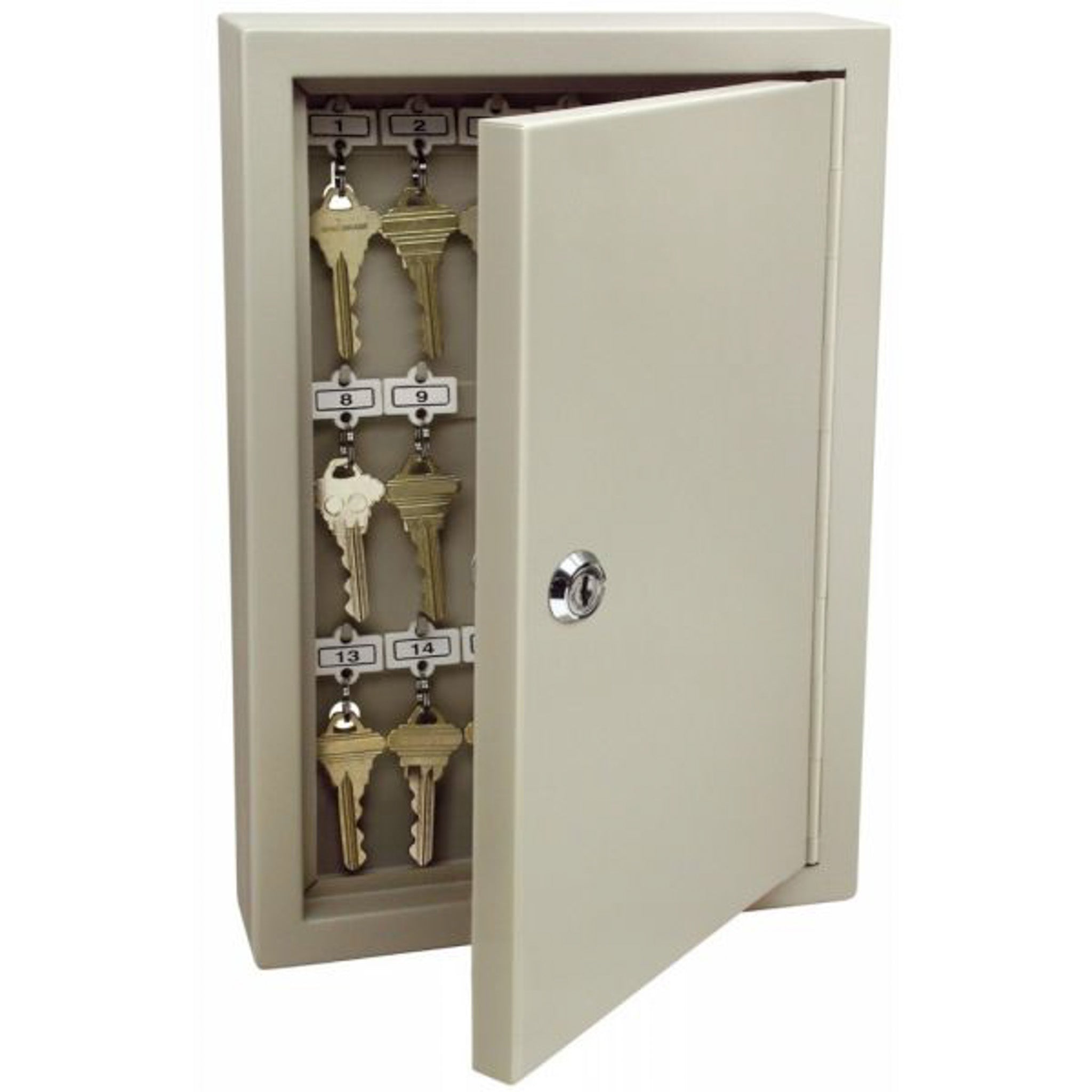 Open Kidde key locking key cabinet showing key hooks for capacity of 30 keys