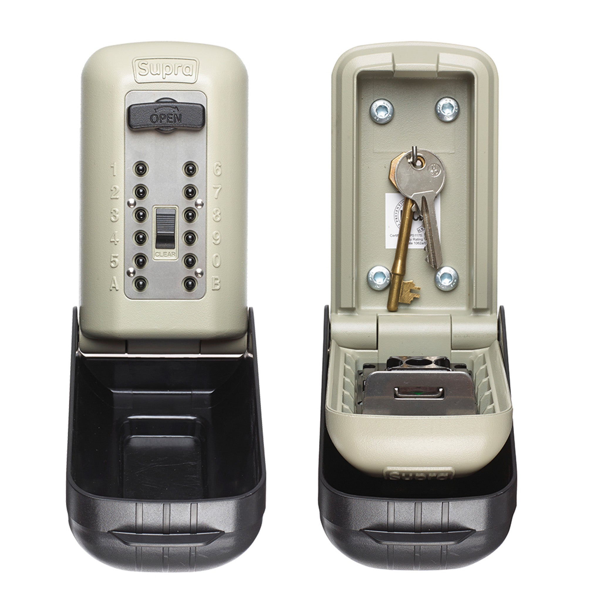 2 supra c500 pro key safes side by side. One open with keys inside, both on white background