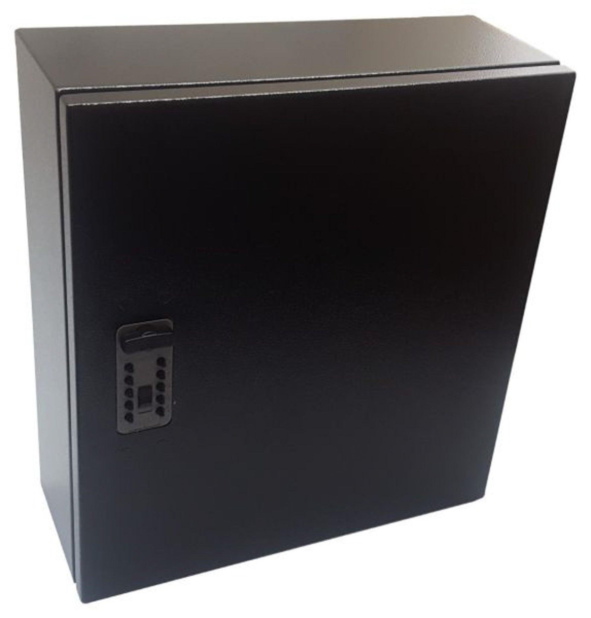 Large black IP54 fire document cabinet showing  code locking mechanism
