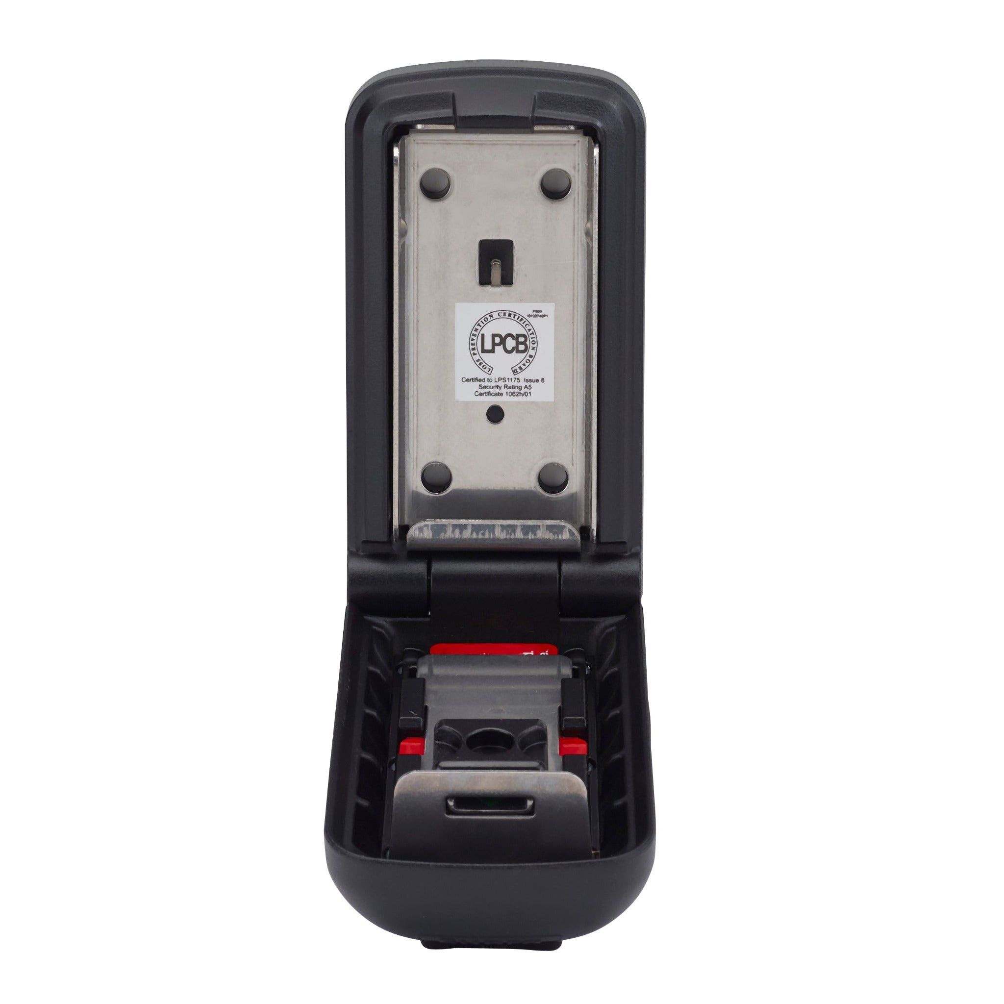 Open police preferred supra P500 pro key safe showing anti-tamper plate and LPCB Issue 8 A5 certification sticker