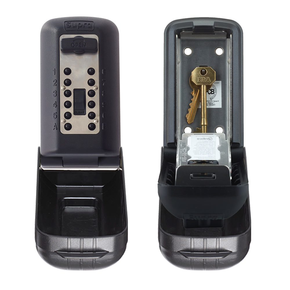 2 Supra P500 Pro key safes side by side. One open with keys inside