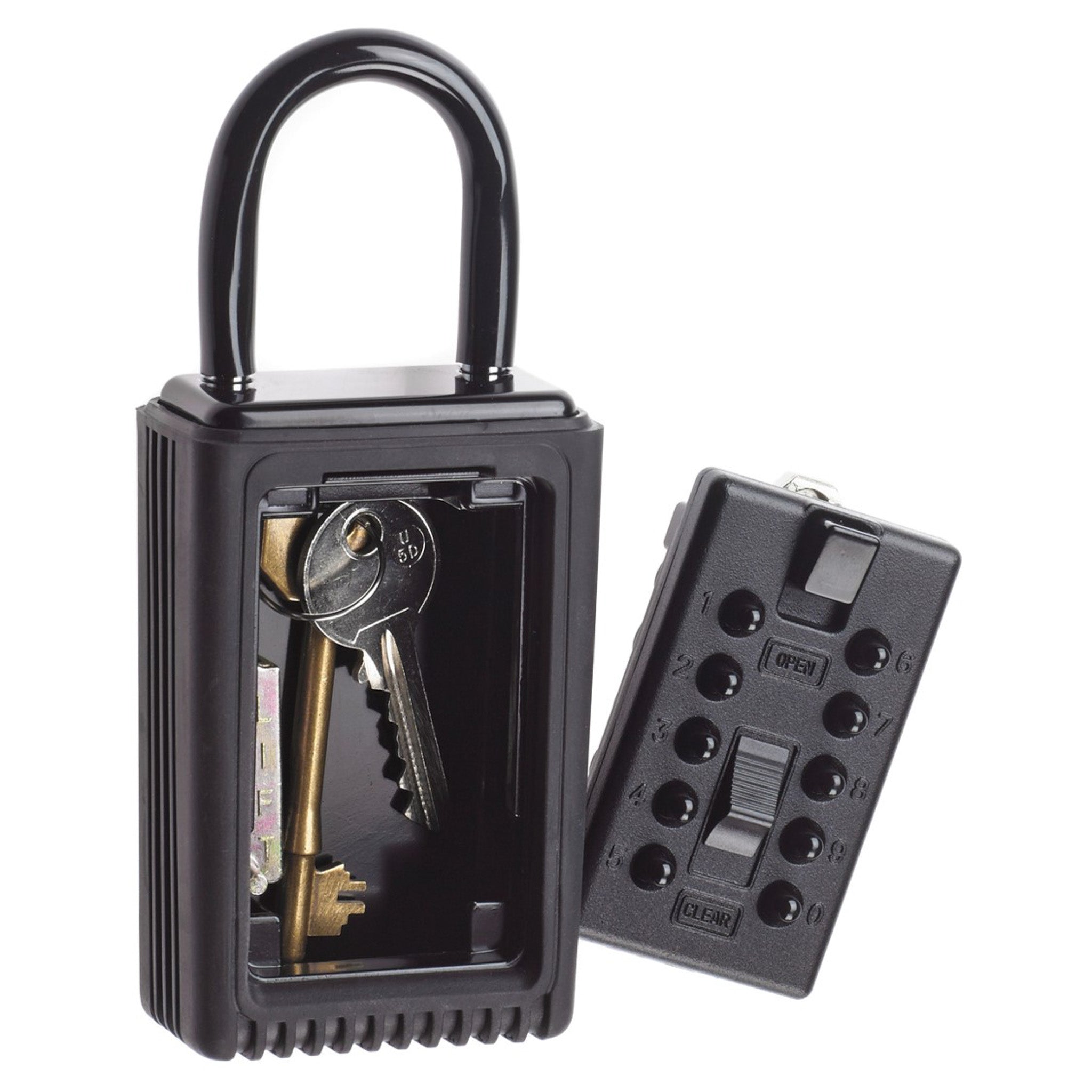 Open Supra portable key safe with shackle for temporary storage and with detachable front and 2 keys inside 