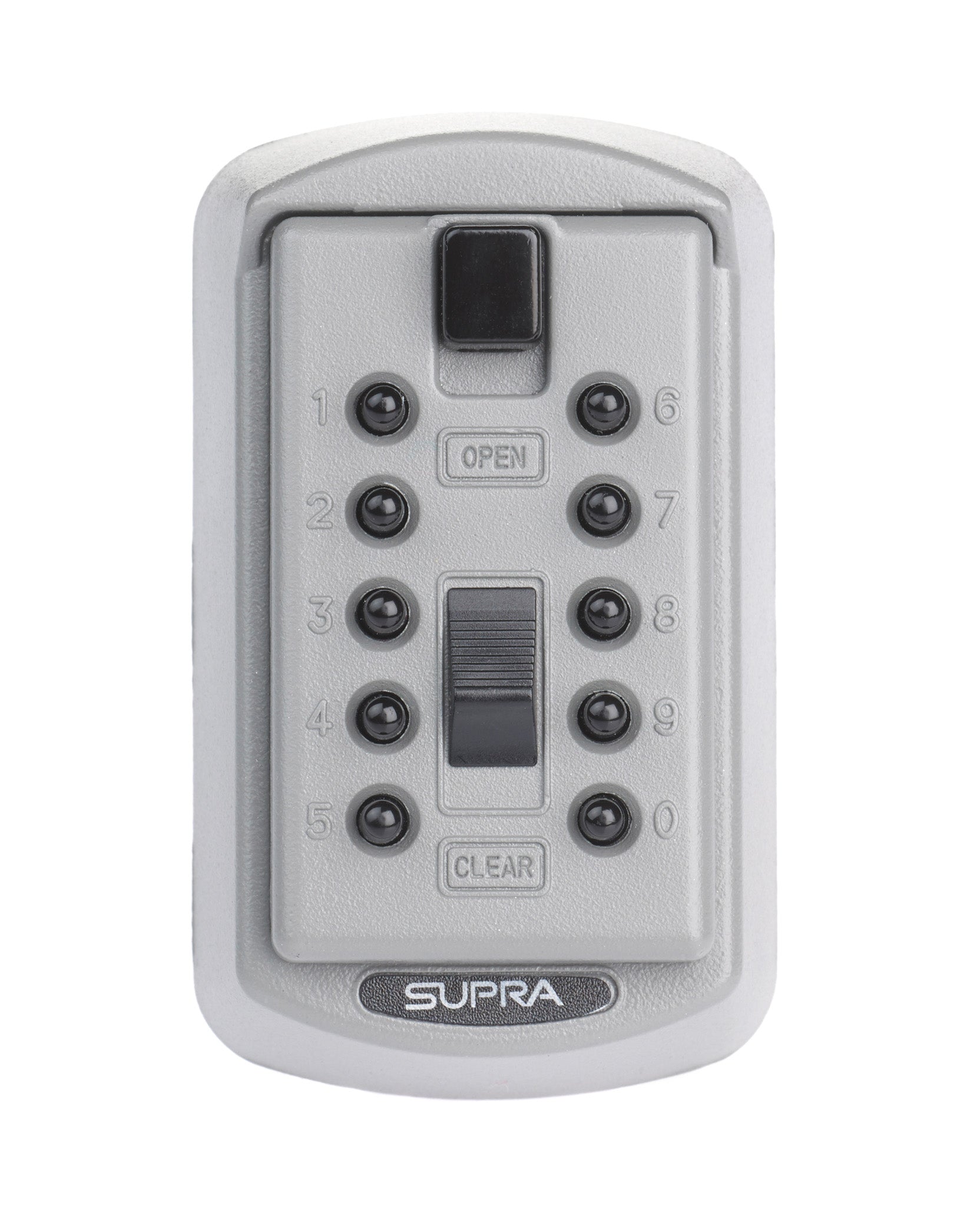 Close up of silver Supra S6 slimline key safe with digits 0-9 for code 