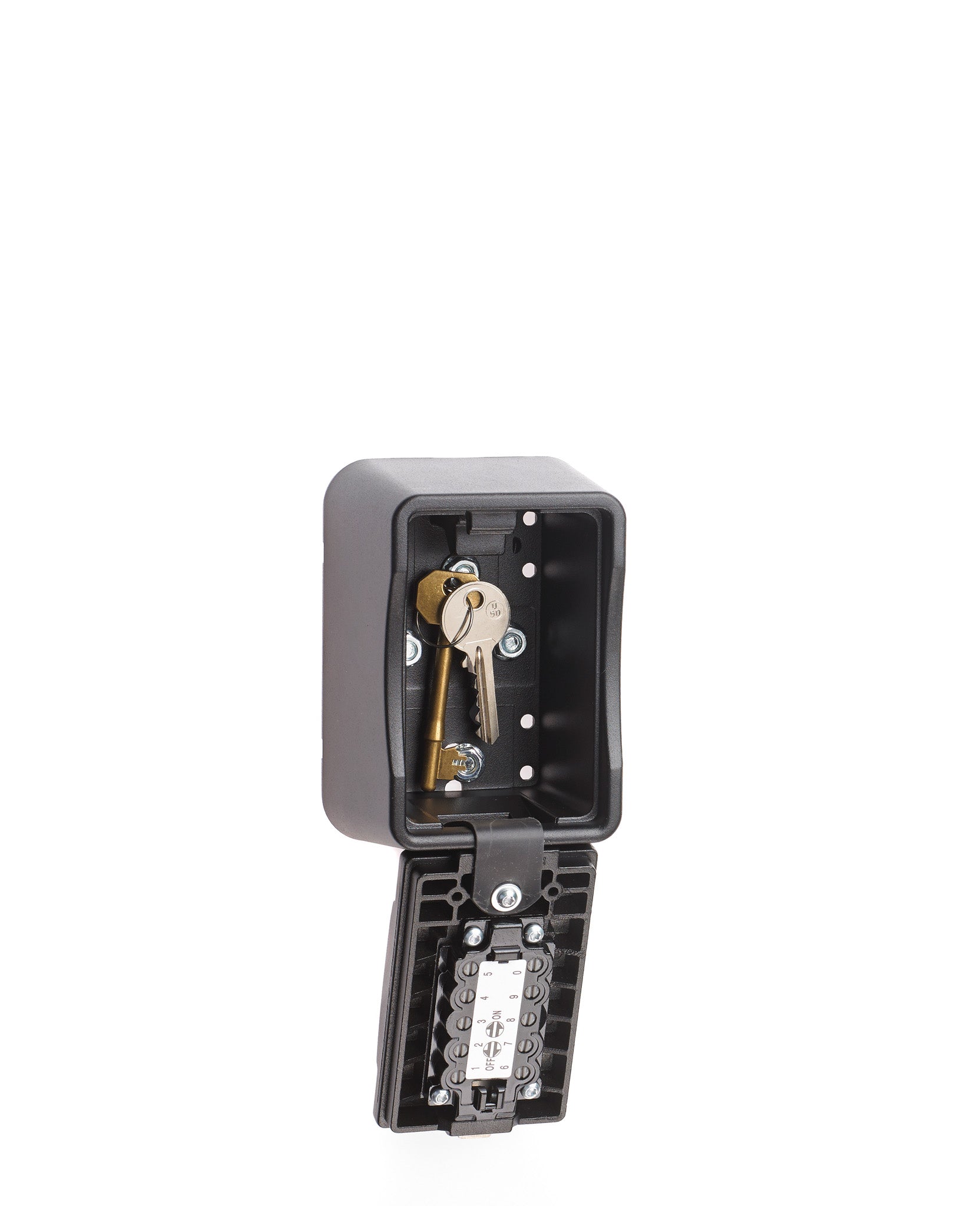 Open Supra S7 big box key safe with 2 keys inside large vault and hinged opening mechanism