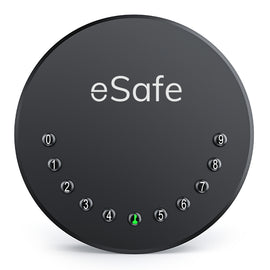 Round eSafe key box on white background showing buttons 0-9