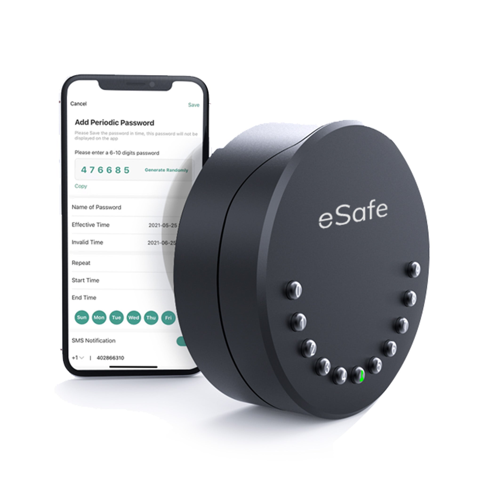 eSafe key box next to smart phone showing the eSafe app